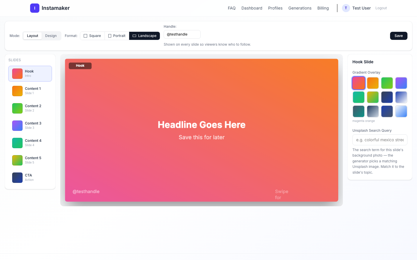 A landscape carousel slide in the Instamaker editor with a headline and a themed background