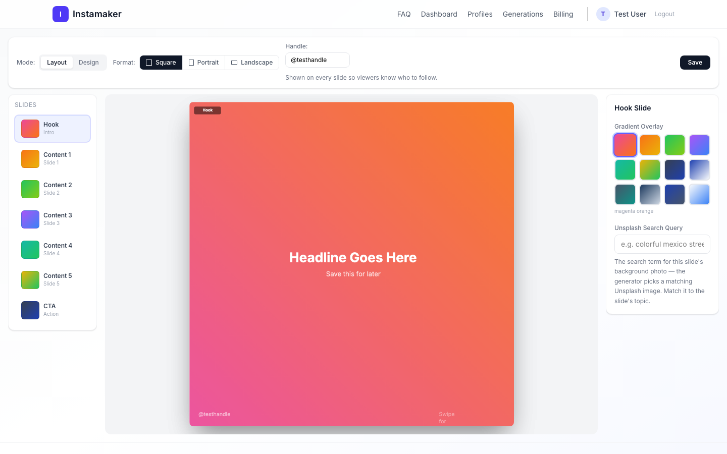 A carousel slide in the Instamaker editor with a headline, supporting text zones and a themed background